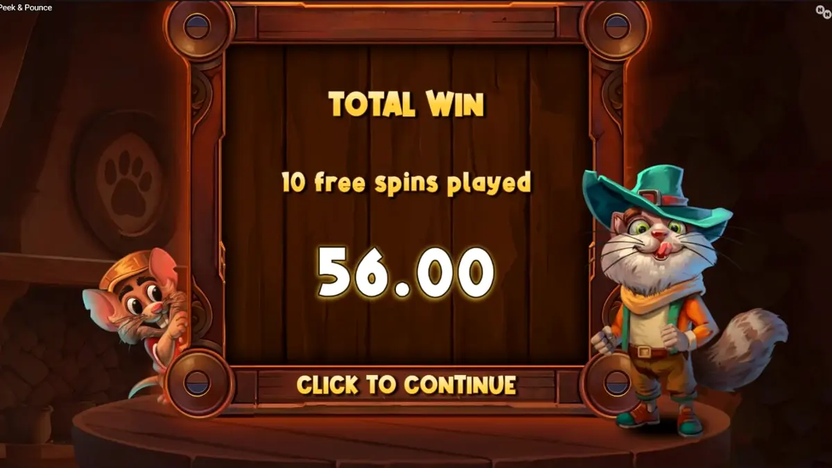 Tampilan visual slot Peek & Pounce dengan karakter kucing dan tikus di dapur